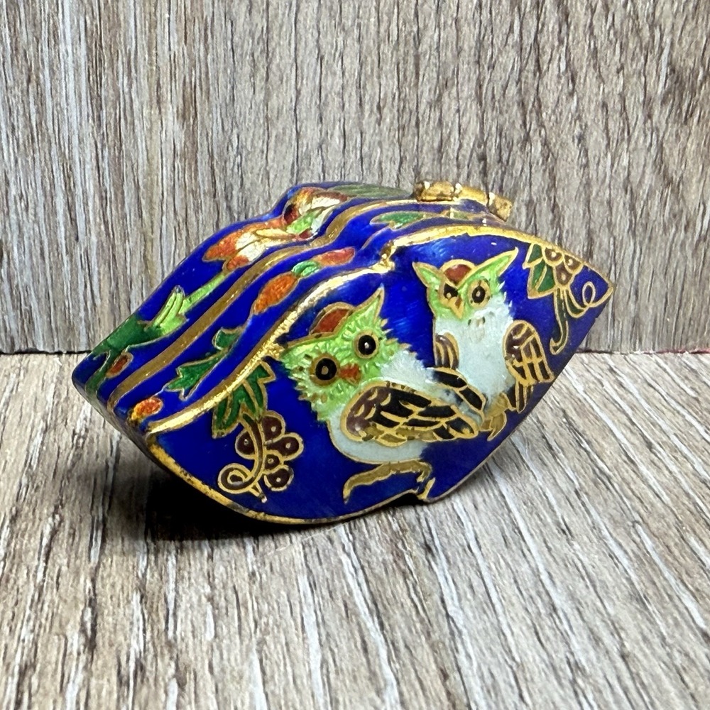 Vintage Cloisonné Enamel Blue Owl Mini Trinket Jar Pill Box 2"